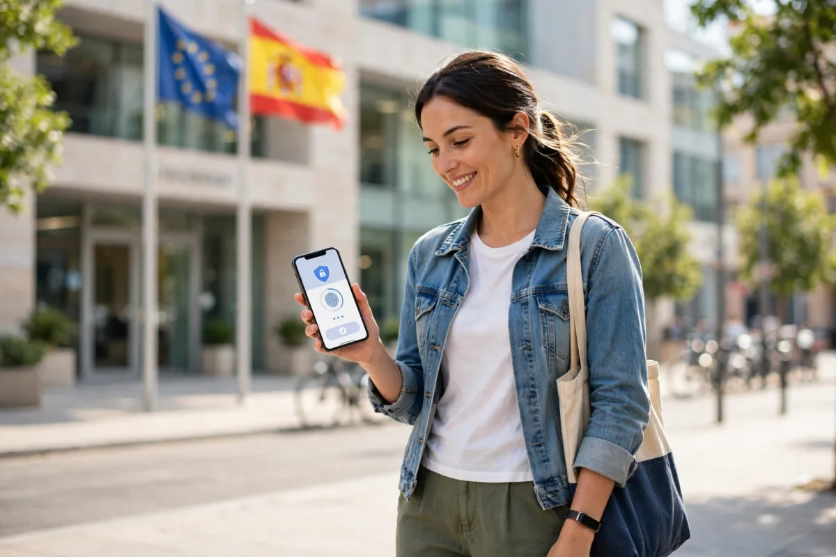 Persona de pie en la calle gestionando un trámite con el móvil y una oficina de administración al fondo