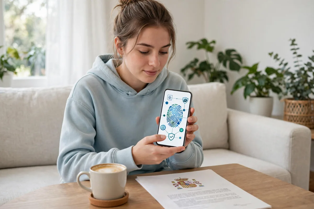 Persona en un sofá usando su móvil para trámites online con la app Cl@ve