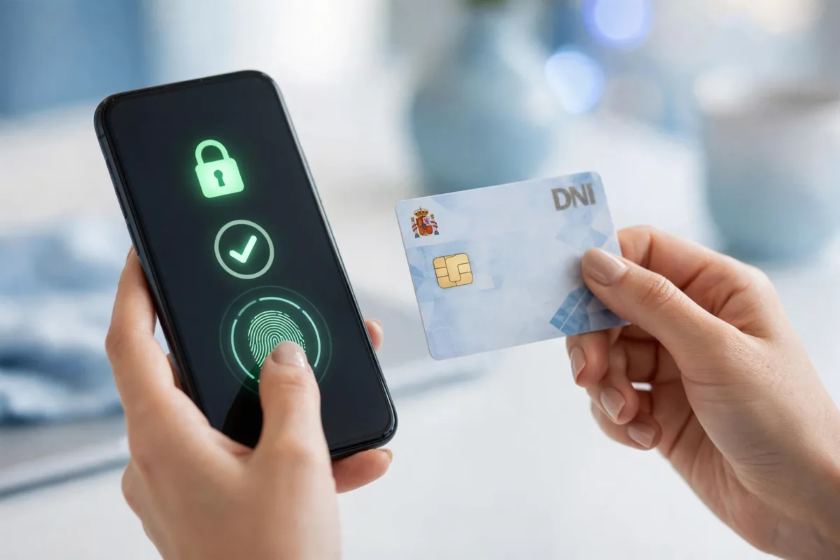 Primer plano de una mano desbloqueando el móvil con huella dactilar para acceder a Cl@ve
