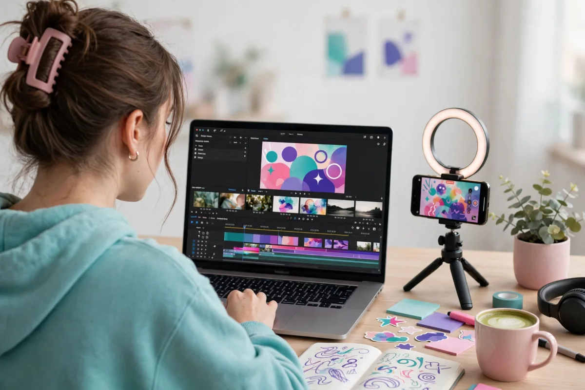 Creadora editando video con Canva y grabando contenido