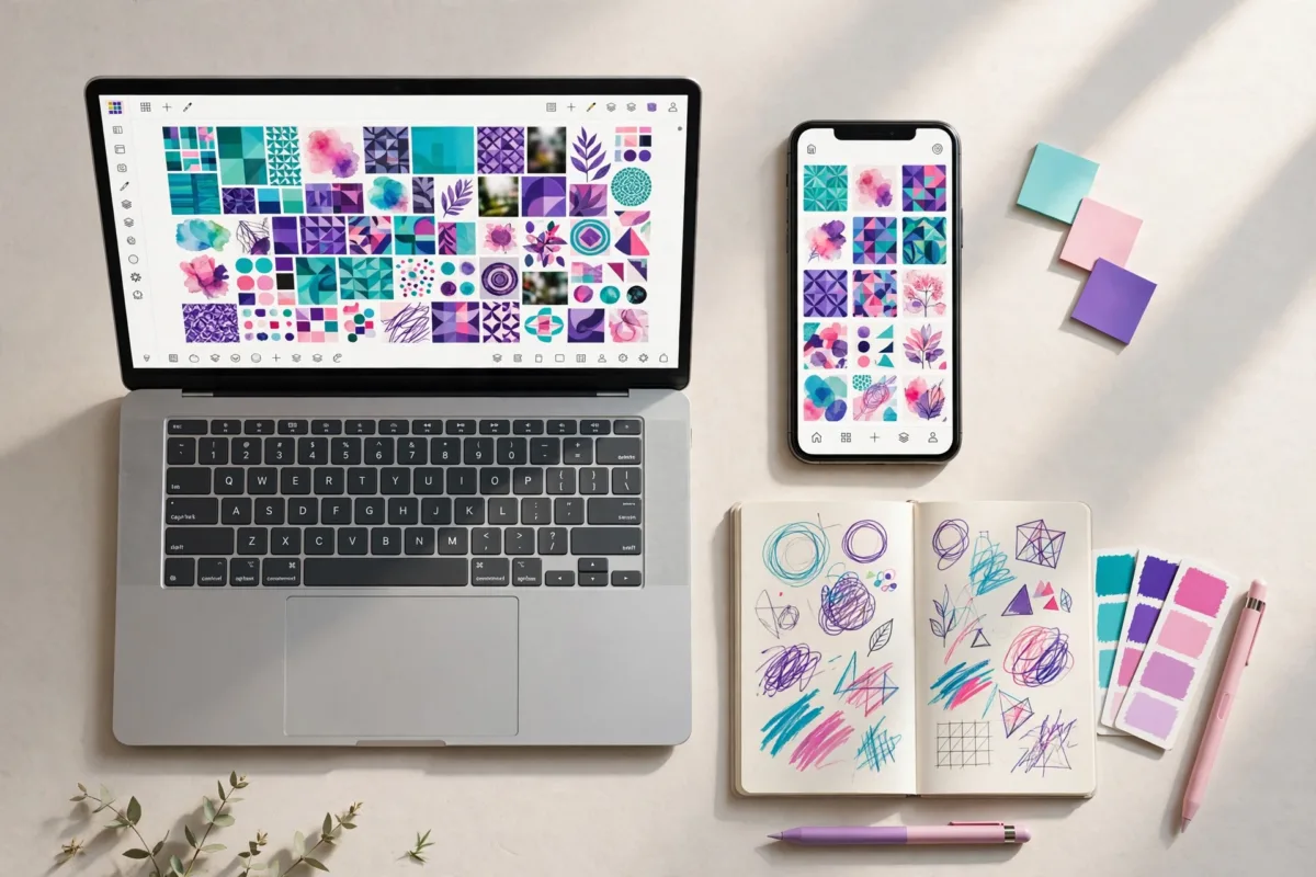 Escritorio con laptop y móvil usando Canva para redes sociales