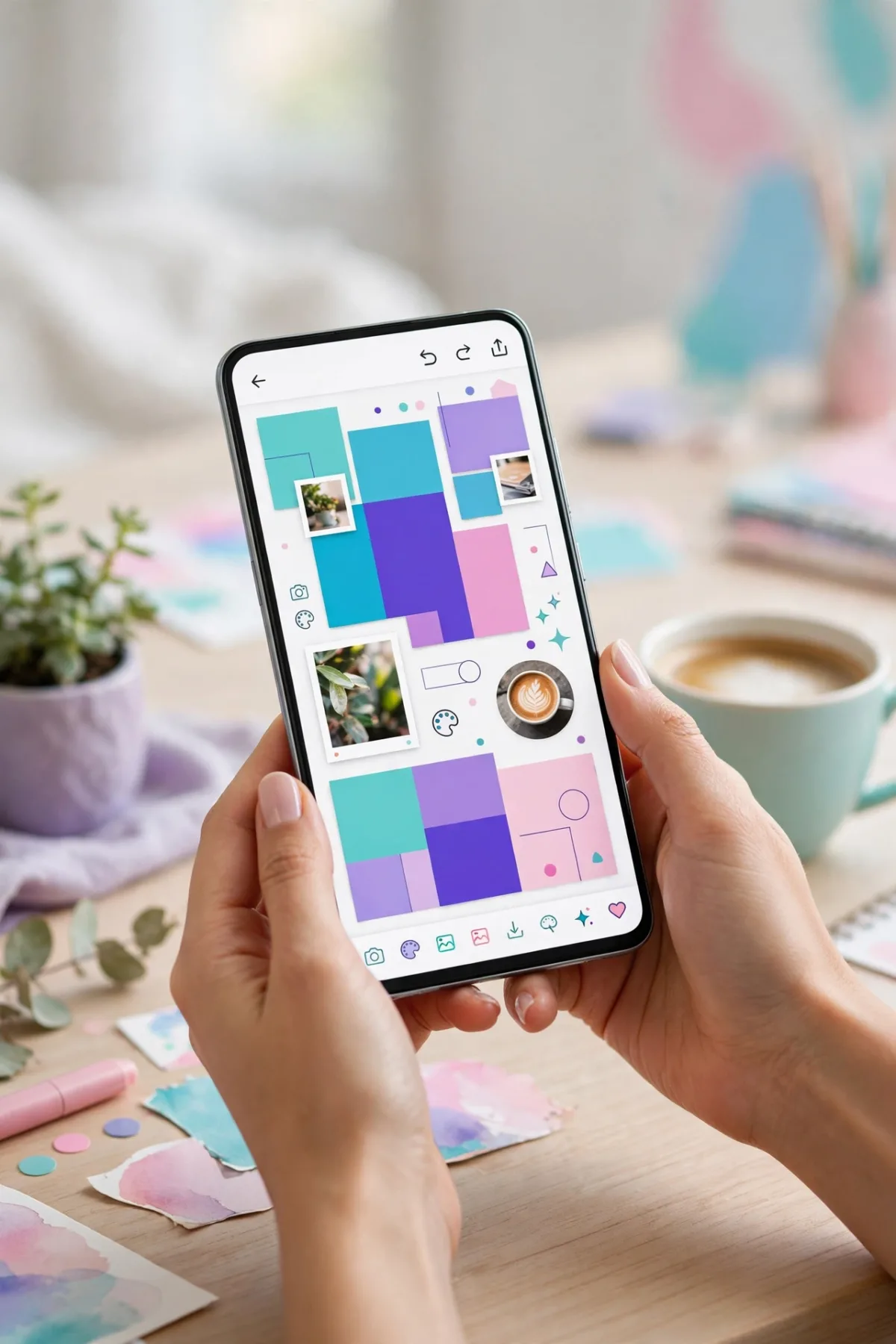 Manos creando un diseño social con Canva en un móvil Android