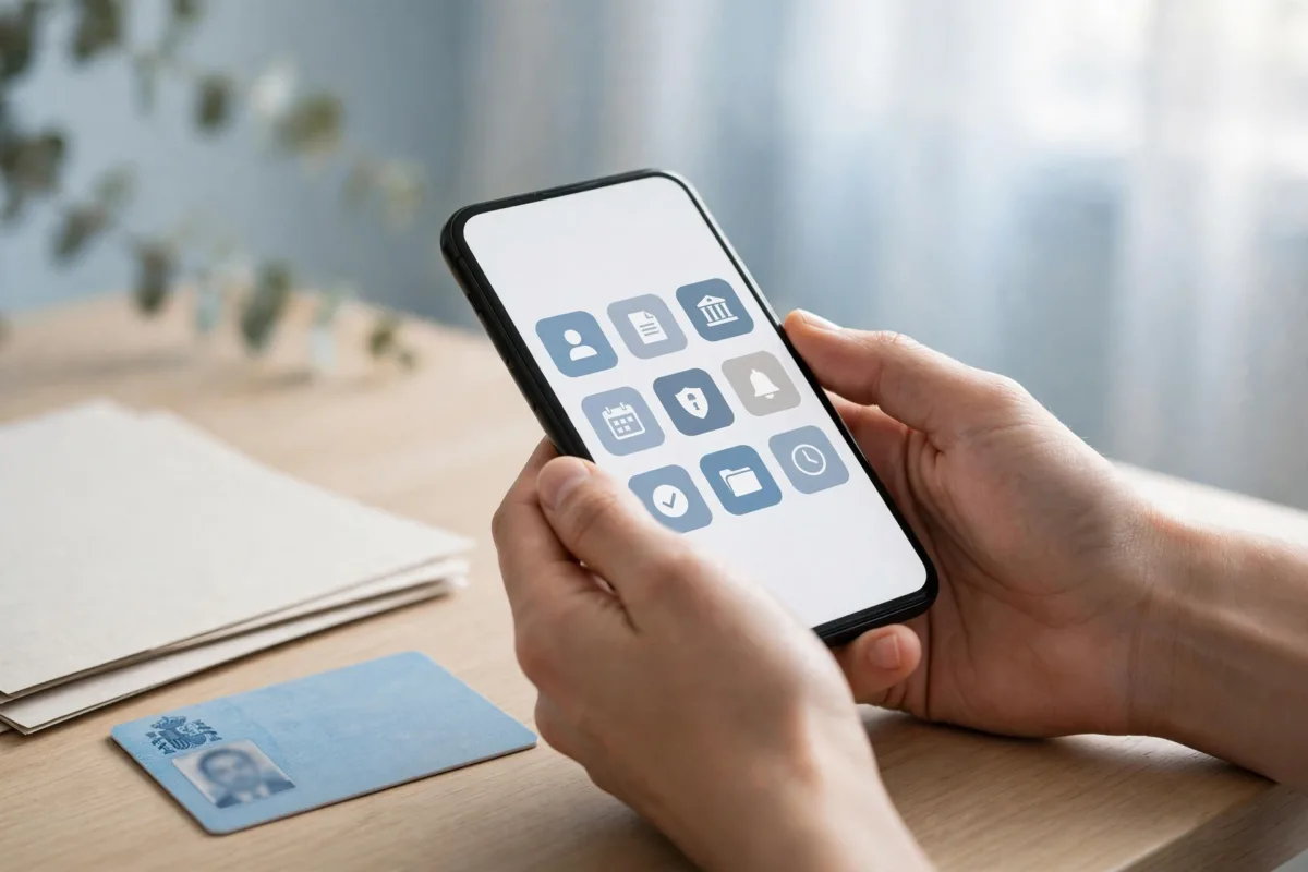 Móvil con app de administración junto a DNI y papeles