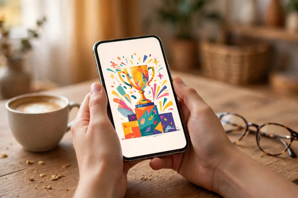 Manos sujetando un móvil con ilustración de trofeo y taza de café