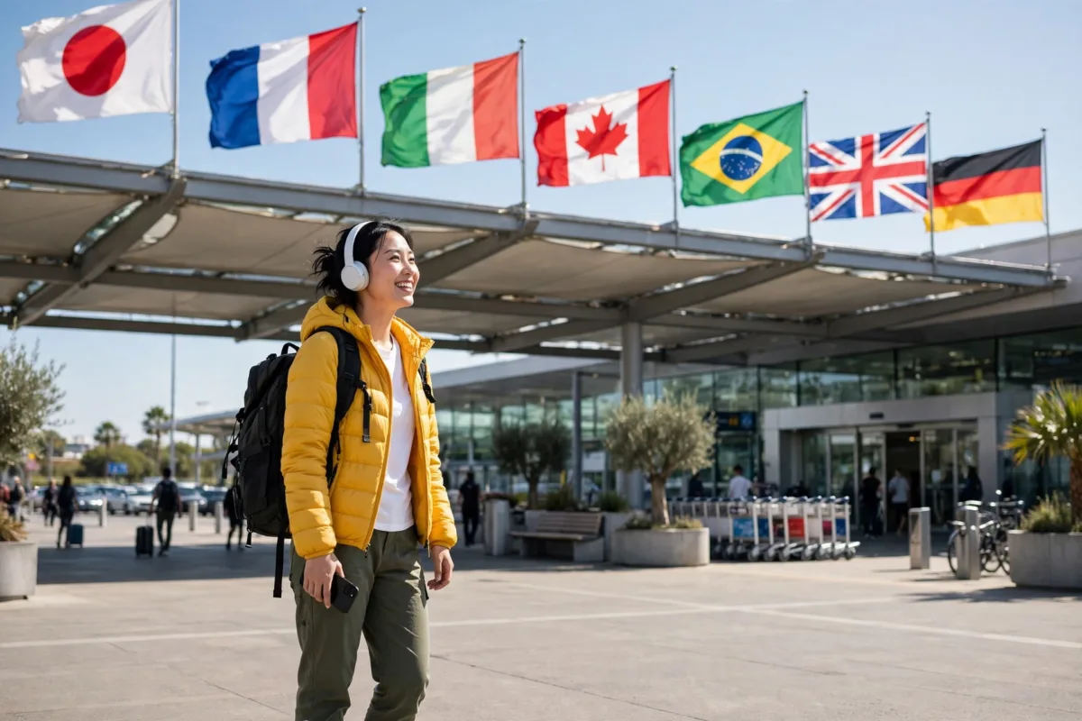 Viajera con mochila usa su teléfono junto a banderas internacionales