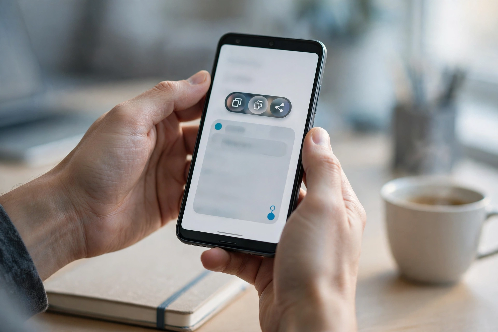Manos sujetando un móvil Android con selección de texto y opción de copiar