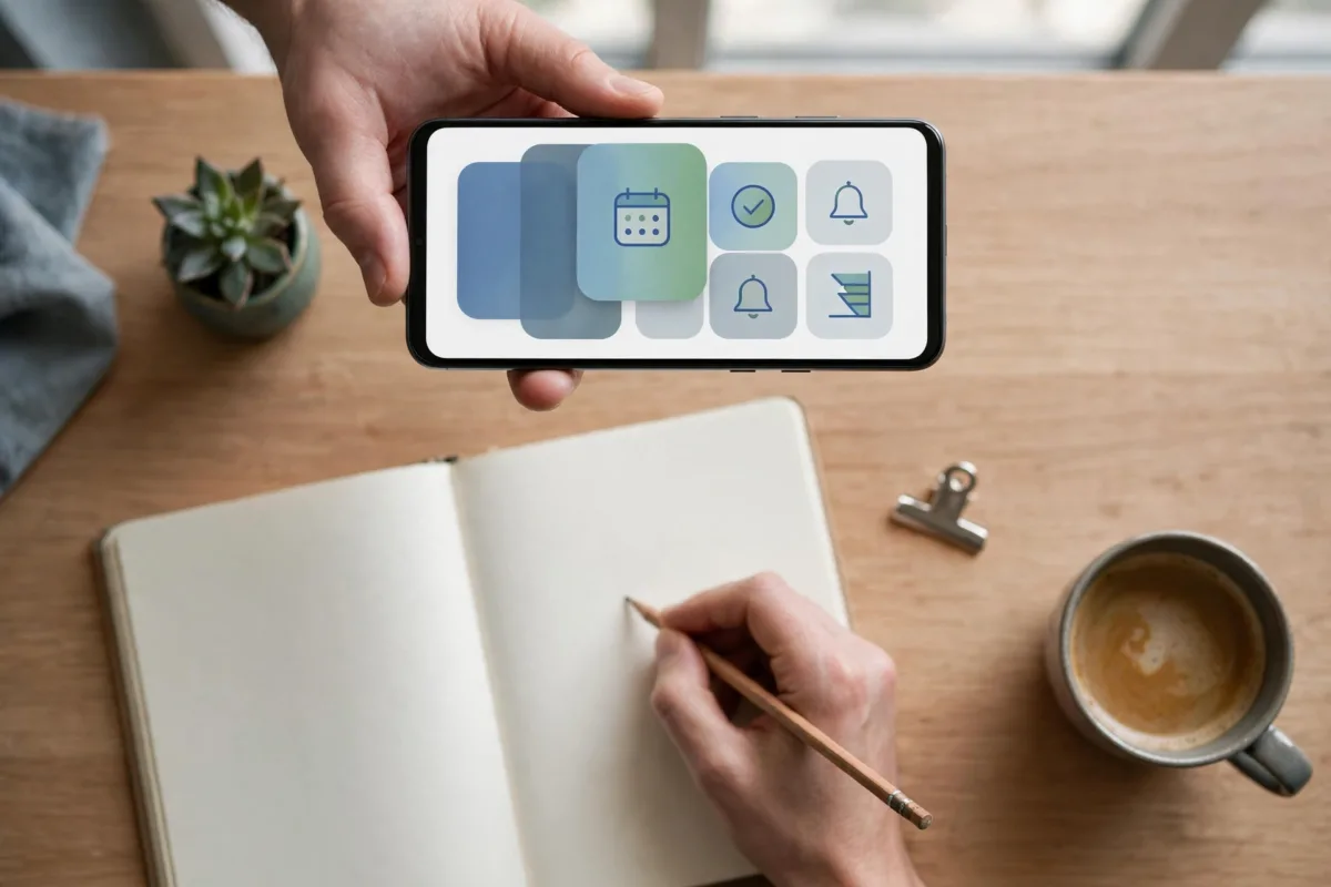Persona productiva con smartphone y libreta vistos desde arriba